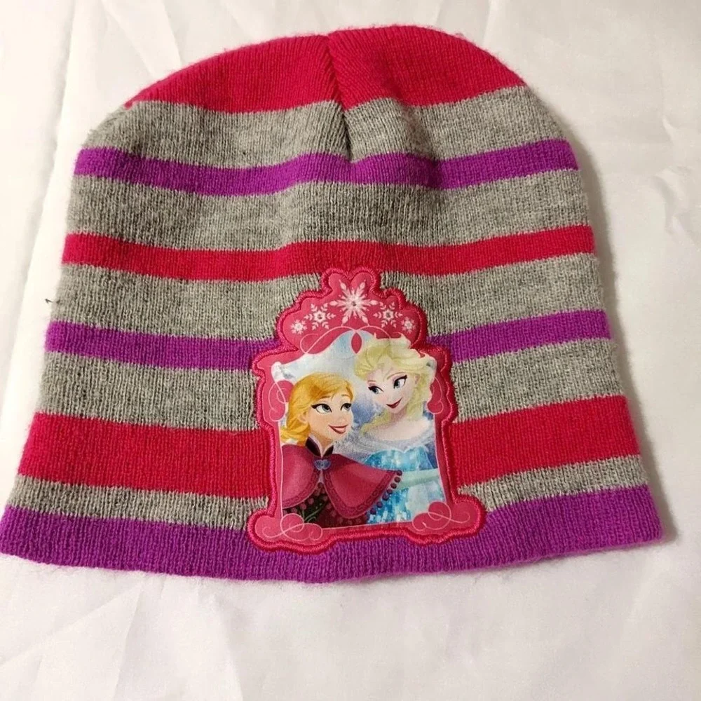 Disney Frozen Pink Purple Striped Hat Beanie OS Elsa‎ Anna